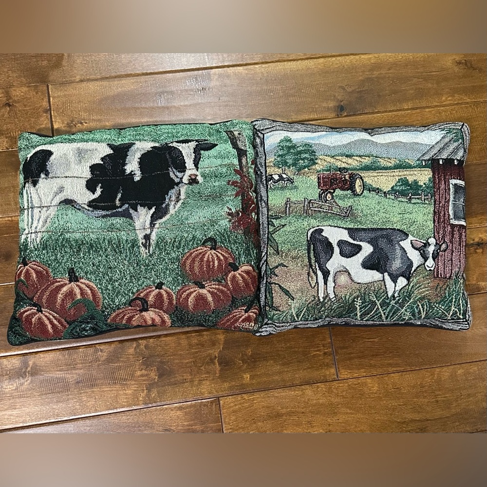 Lot Of 2 VTG 1 Picken Cow Fall Pumpkin + 1 Farm COW Throw Pillow Tapestry+Autumn